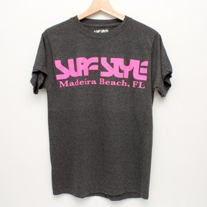 Surf Style Madeira Beach Florida Neon Pink Spell Out Shirt Small Dark Gray